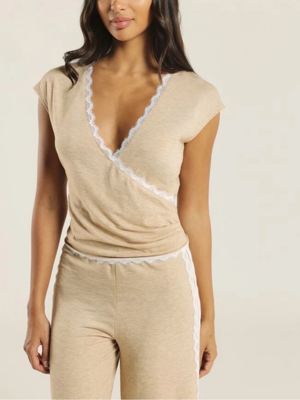 Women's Beige Lace-Trim Pajama Set - Picture 4 of 6